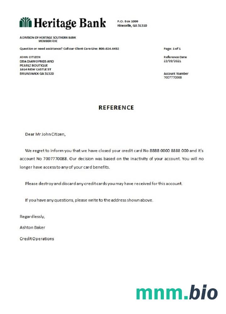 Przykład zamknięcia banku Dziedzictwa USA w formatach Word i PDF